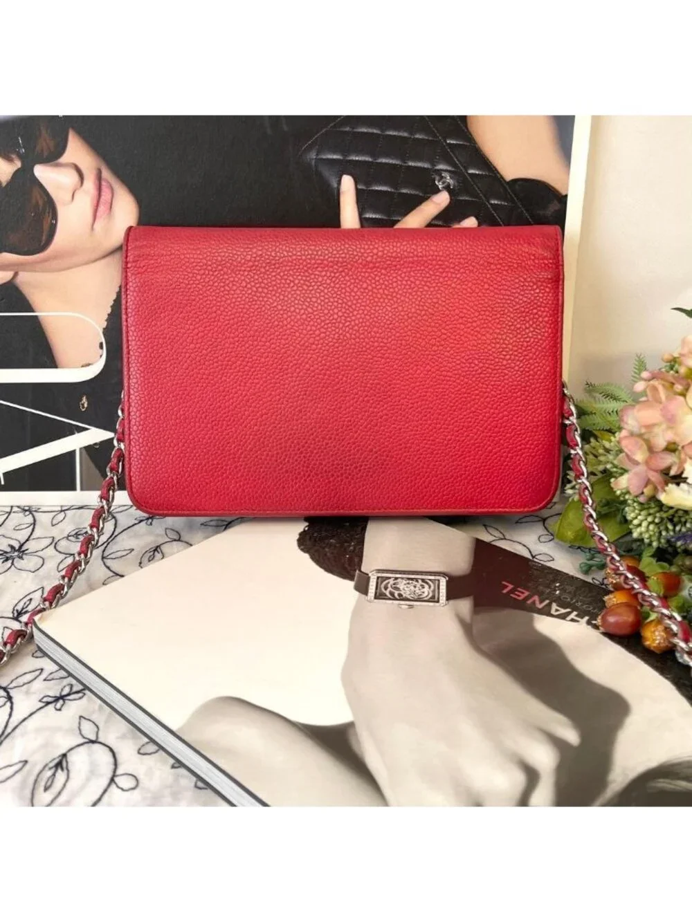Chanel Chain Wallet Jumbo CC Logo Caviar Leather Red Shoulder Bag